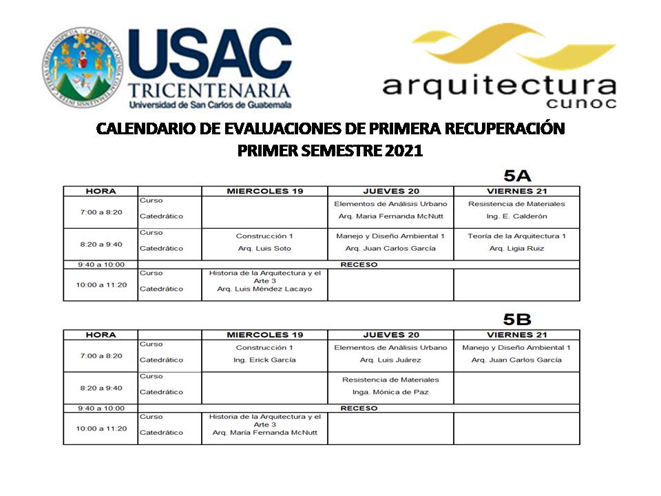 Calendario de Exámenes 1a. Rec. 2021-1